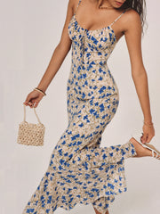 Blue Floral Spaghetti Strap Maxi Dress