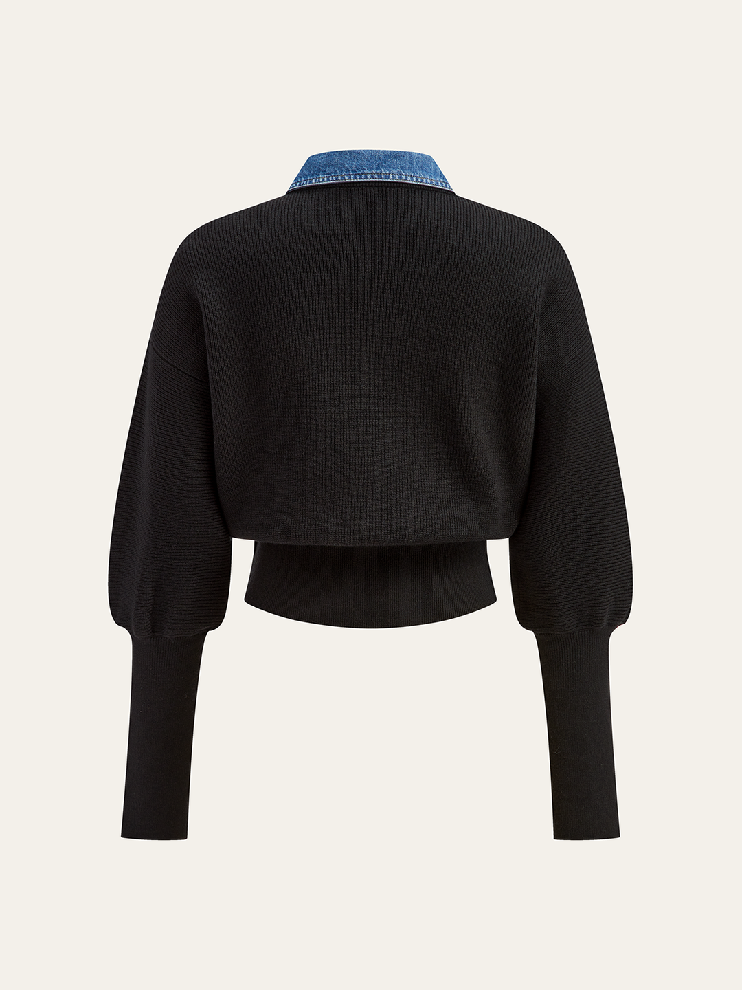 Wool Blend Denim Collar Puff Sleeve Cardigan