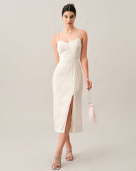 Pearl Strap Textured Midi Dress
