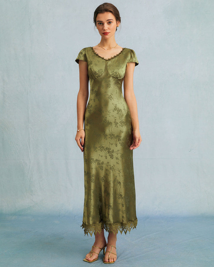 Textured Jacquard Midi Dress with Cap Sleeves