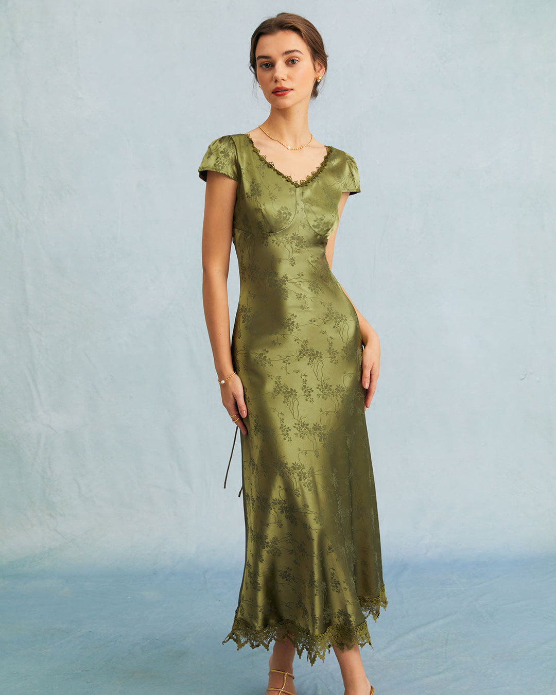 Textured Jacquard Midi Dress with Cap Sleeves