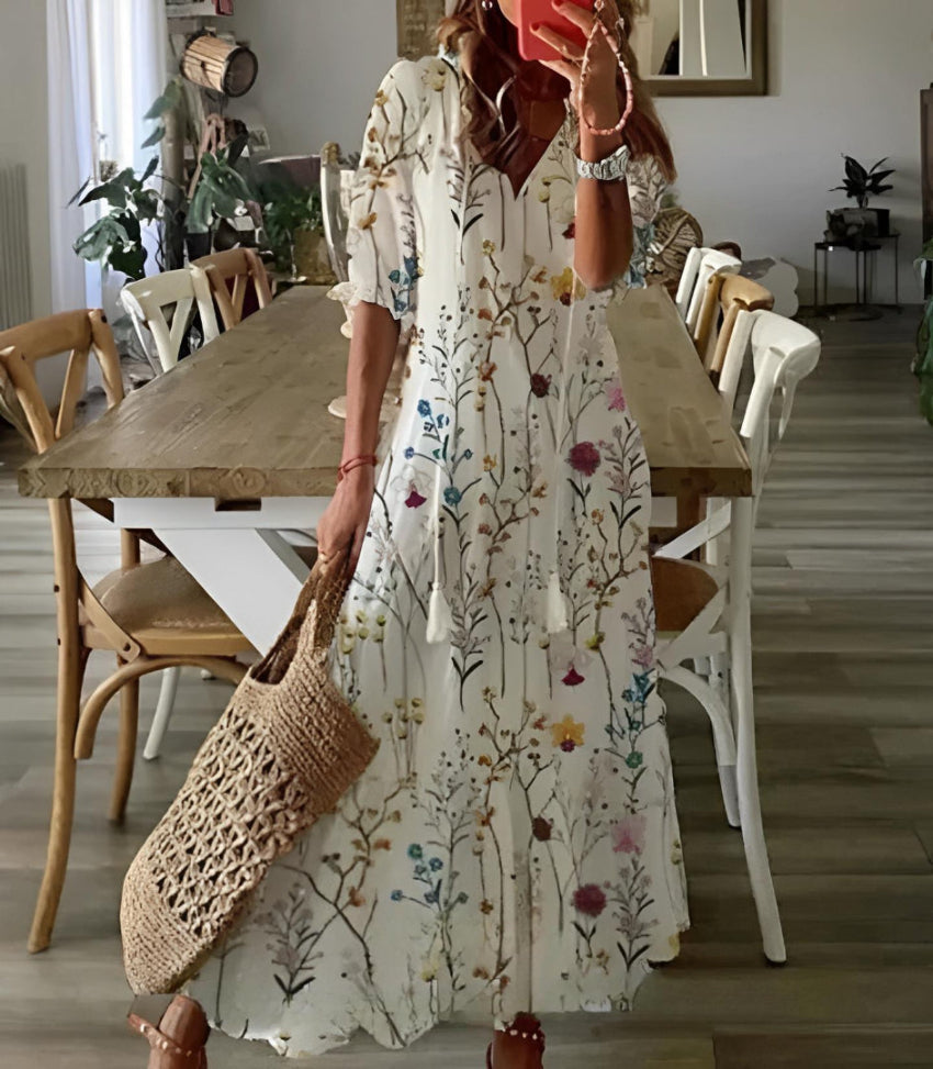 Women Boho Vintage V-Neck Dress Lightweight