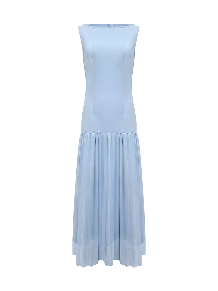 Sleeveless Gauze Pleated Solid Color Split-Joint Boat Neck Evening Dresses Maxi Dresses