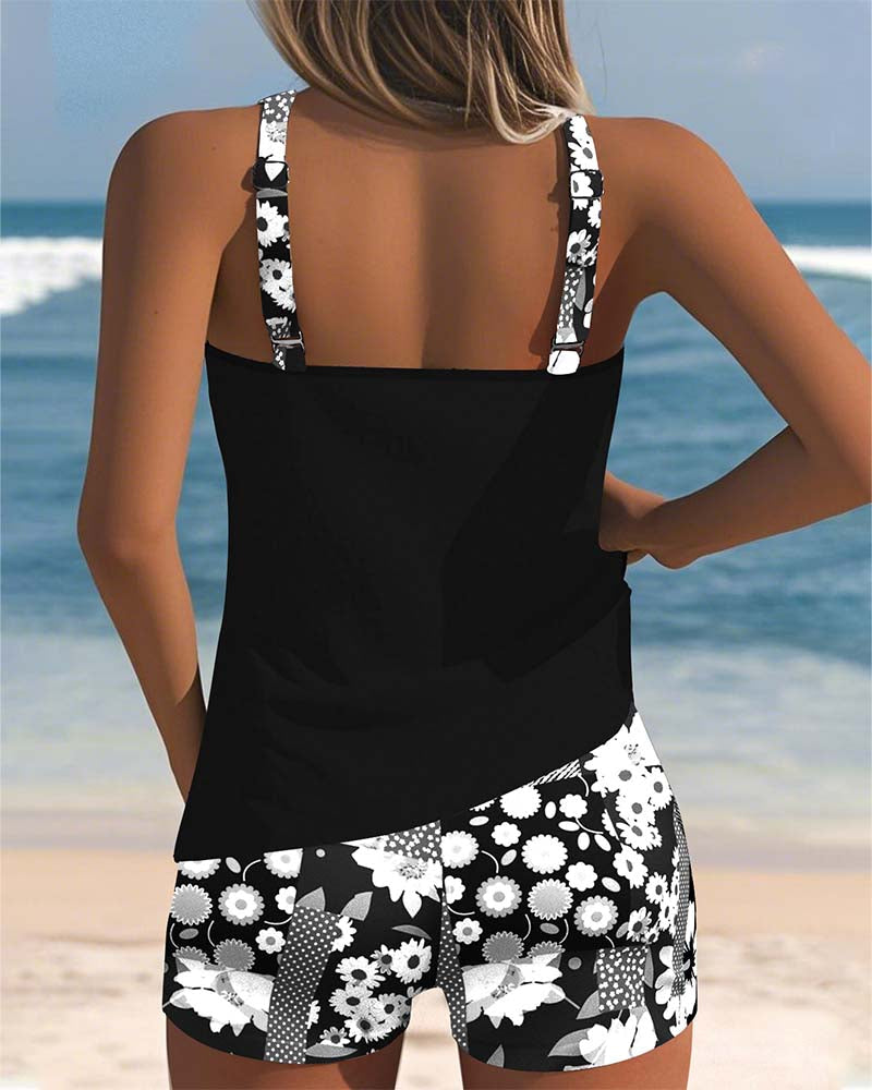 Swimsuit Tank Top Two-Piece Swimwear Women Sporty Boxer Bottoms, Tummy Control, Vibrant Print