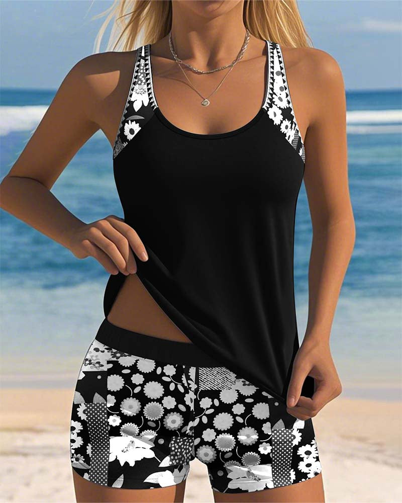 Swimsuit Tank Top Two-Piece Swimwear Women Sporty Boxer Bottoms, Tummy Control, Vibrant Print