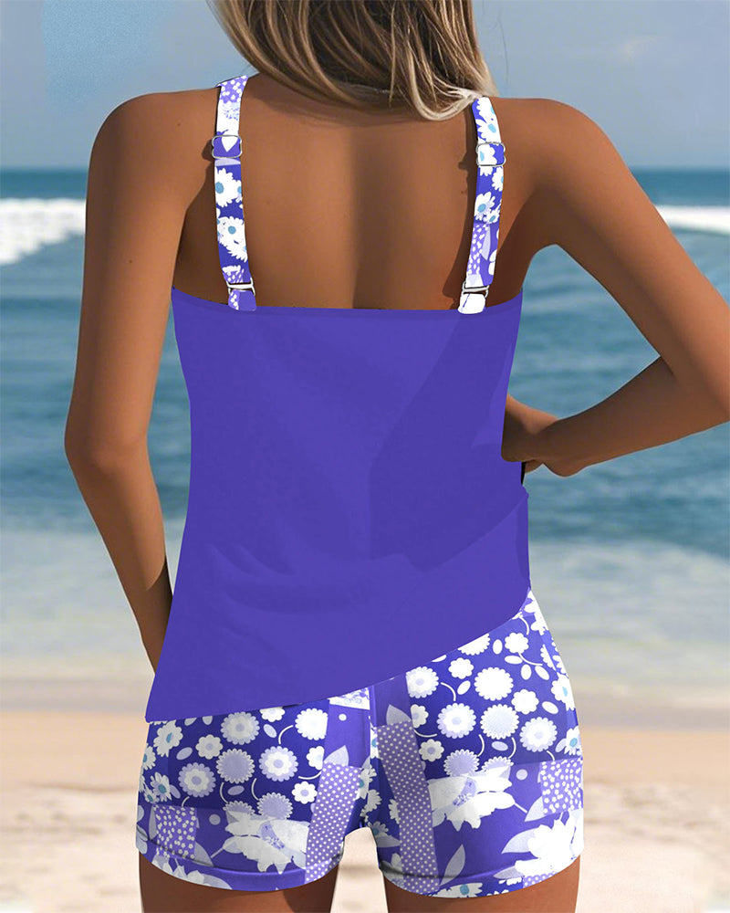 Swimsuit Tank Top Two-Piece Swimwear Women Sporty Boxer Bottoms, Tummy Control, Vibrant Print
