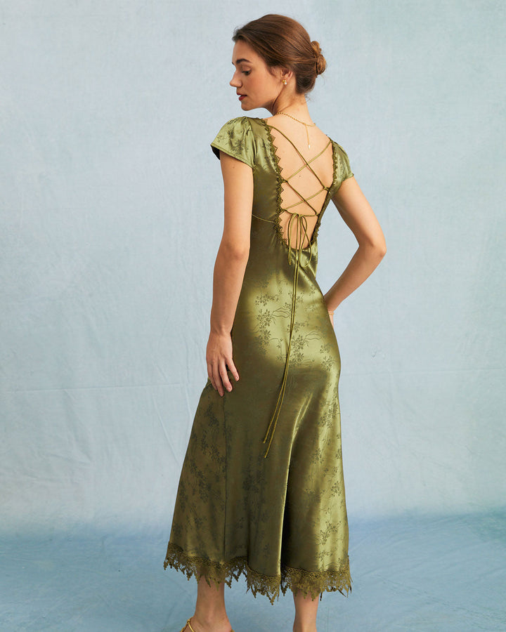 Textured Jacquard Midi Dress with Cap Sleeves