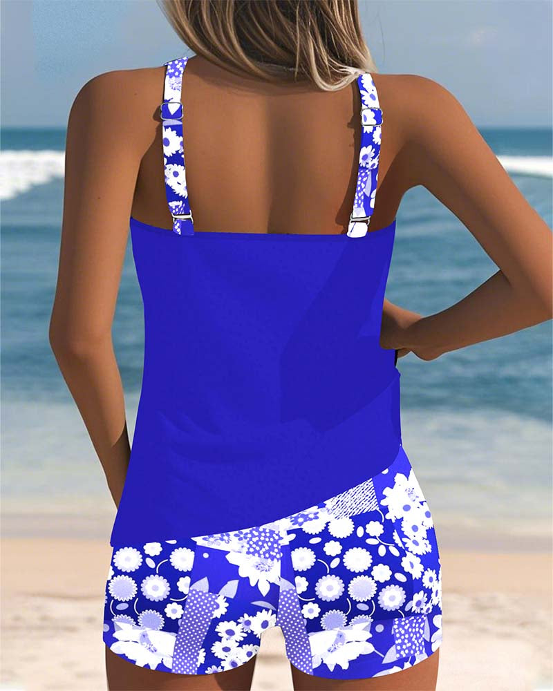 Swimsuit Tank Top Two-Piece Swimwear Women Sporty Boxer Bottoms, Tummy Control, Vibrant Print