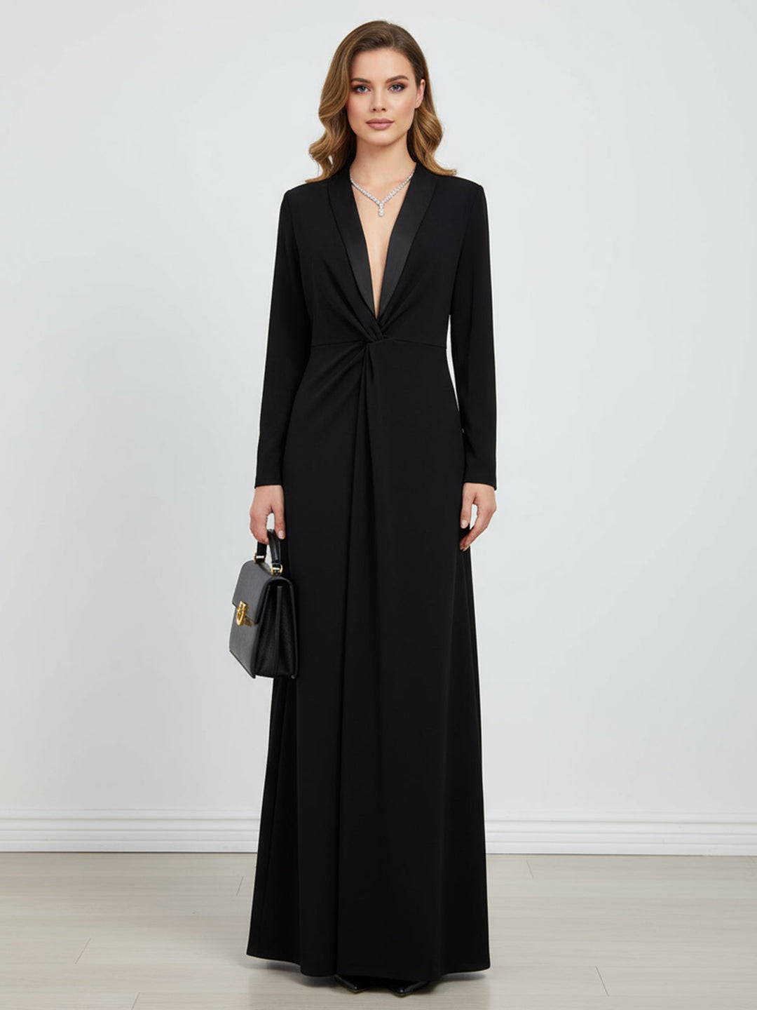 Long Sleeves Skinny Solid Color Deep V-Neck Maxi Dresses