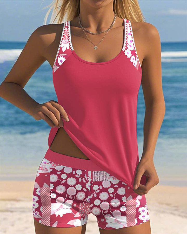 Swimsuit Tank Top Two-Piece Swimwear Women Sporty Boxer Bottoms, Tummy Control, Vibrant Print
