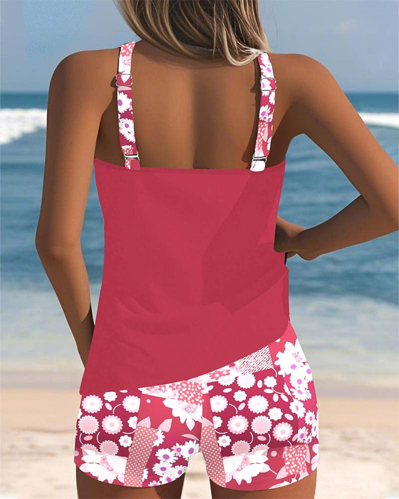 Swimsuit Tank Top Two-Piece Swimwear Women Sporty Boxer Bottoms, Tummy Control, Vibrant Print
