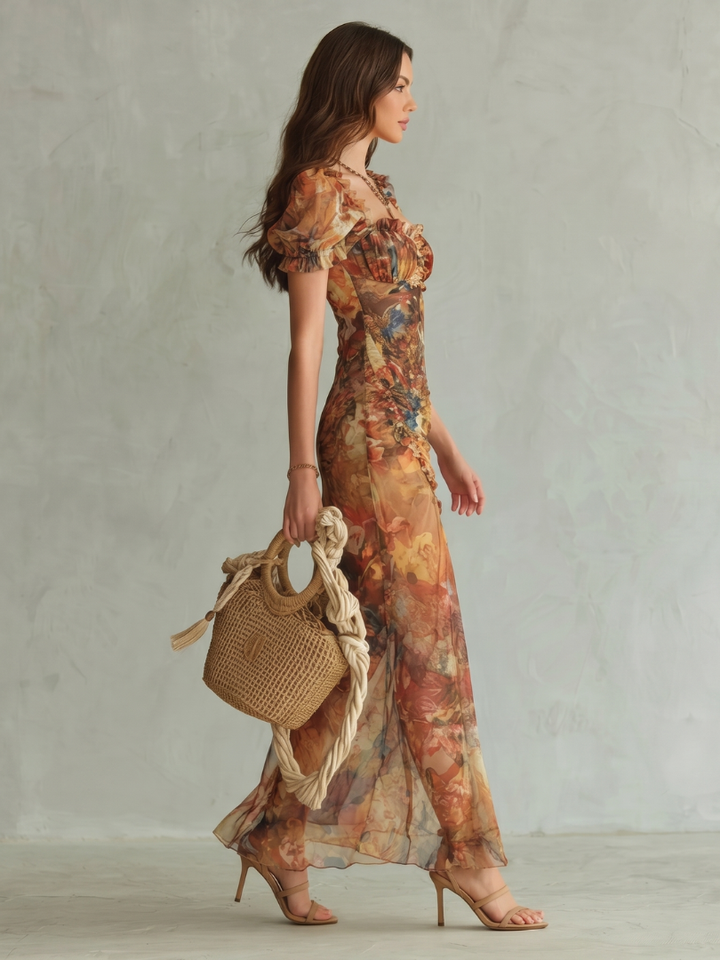 Ruth | Ruffled Sleeve Ruched Slit Midi Dress