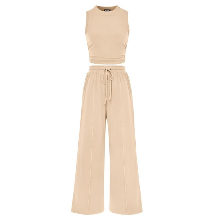Women's Summer 2-Piece Outfits - Ribbed Knit Crew Neck Sleeveless Cropped Top & Wide Leg Pants Lounge Set