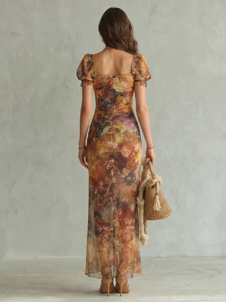 Ruth | Ruffled Sleeve Ruched Slit Midi Dress