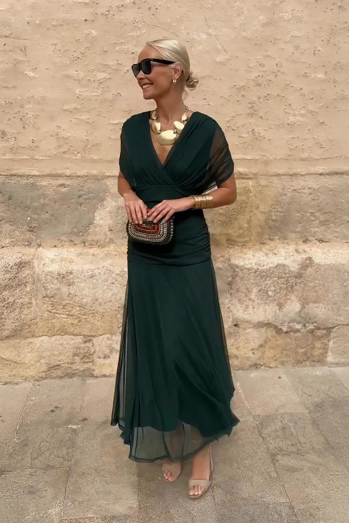 Elegant V-neck Maxi Dress Women with Gradient Design, Flowy Silhouette, Waist-Pleated Fit