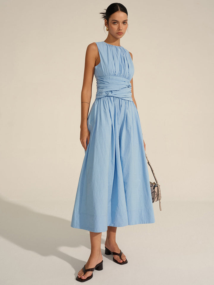 Women's Light Blue Sleeveless Maxi Dress – Ruched Waist Elegant Summer Dress