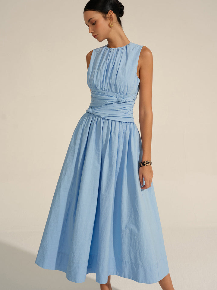 Women's Light Blue Sleeveless Maxi Dress – Ruched Waist Elegant Summer Dress