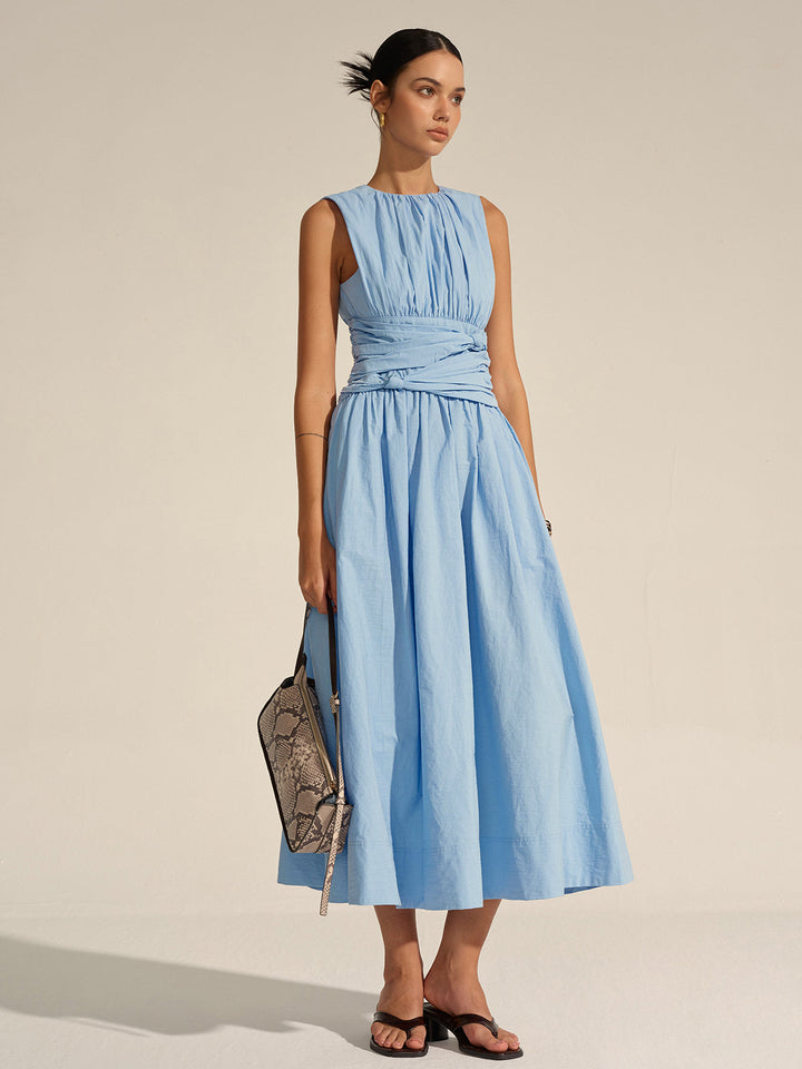 Women's Light Blue Sleeveless Maxi Dress – Ruched Waist Elegant Summer Dress