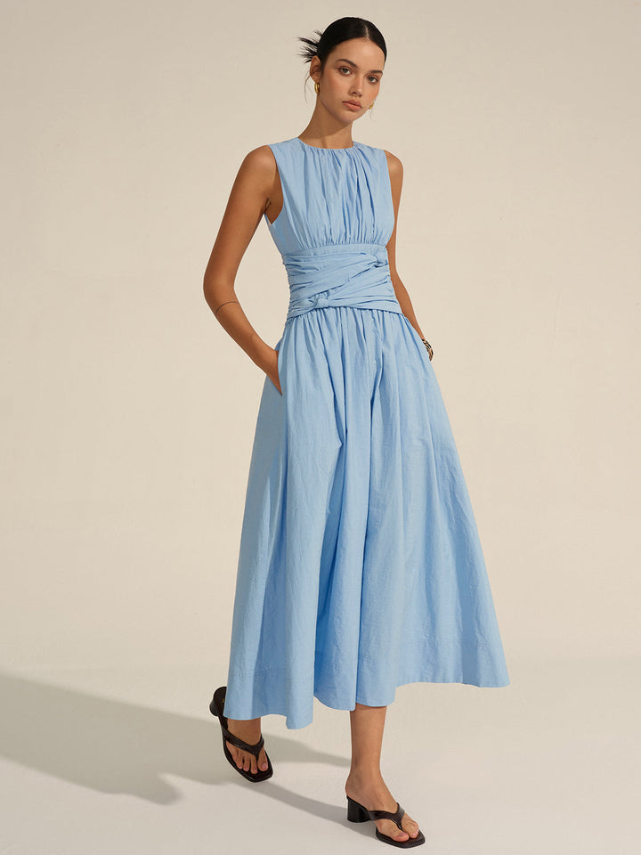 Women's Light Blue Sleeveless Maxi Dress – Ruched Waist Elegant Summer Dress