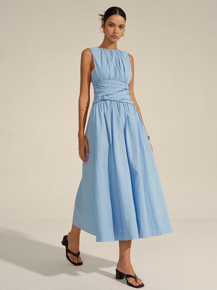 Women's Light Blue Sleeveless Maxi Dress – Ruched Waist Elegant Summer Dress