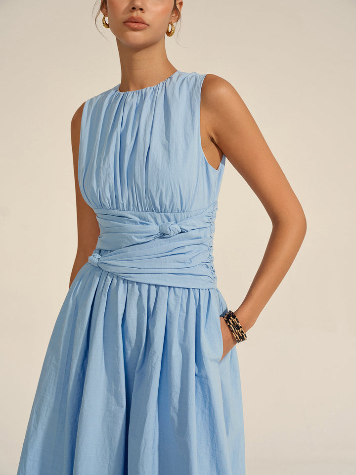 Women's Light Blue Sleeveless Maxi Dress – Ruched Waist Elegant Summer Dress