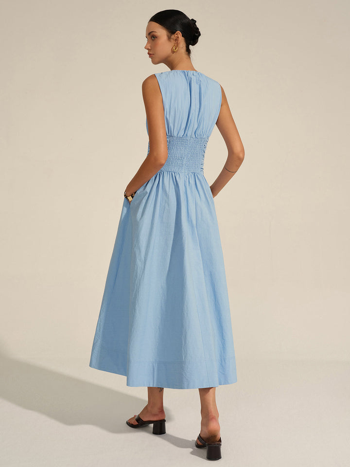 Women's Light Blue Sleeveless Maxi Dress – Ruched Waist Elegant Summer Dress