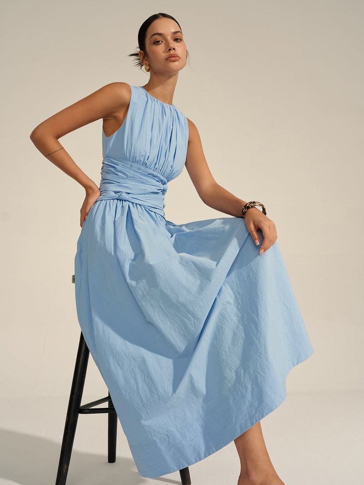 Women's Light Blue Sleeveless Maxi Dress – Ruched Waist Elegant Summer Dress
