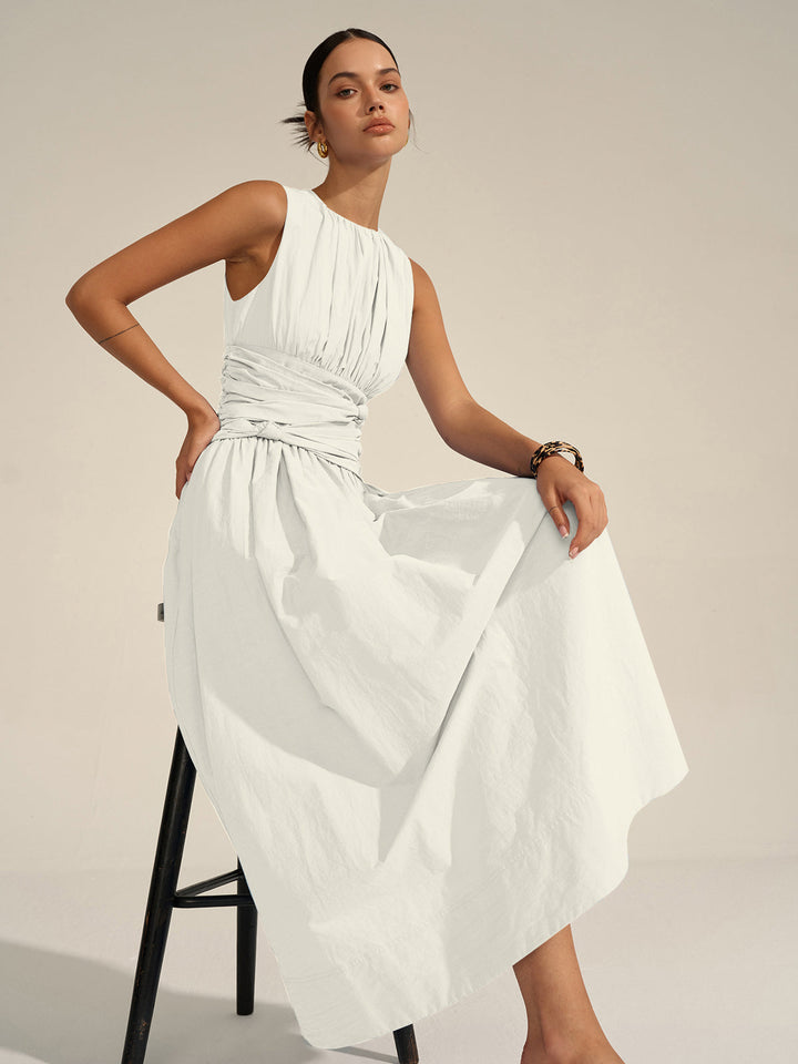Women's Light Blue Sleeveless Maxi Dress – Ruched Waist Elegant Summer Dress