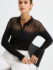Glitter Detail Sheer Panel  Polo Knit Top