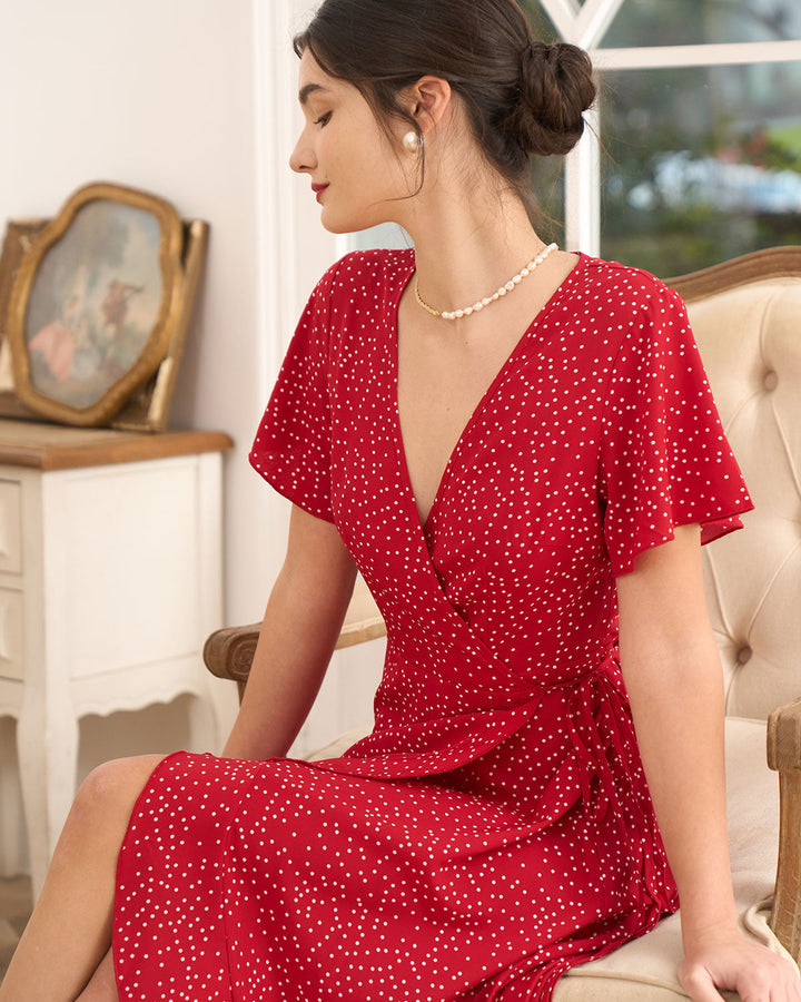 Dotted Ruffle Wrap Dress