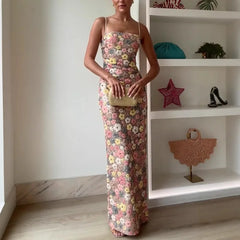 Women's Floral Spaghetti Strap Square Neck Maxi Wedding Guest Dress