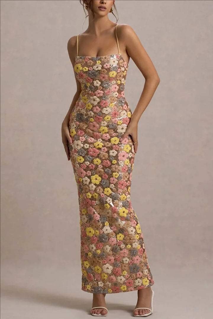 Women's Floral Spaghetti Strap Square Neck Maxi Wedding Guest Dress