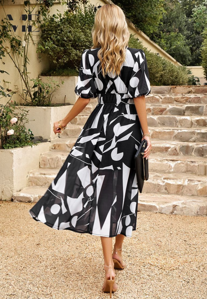 Roxanne | Elegant Floral Midi Dress with Puff Sleeves