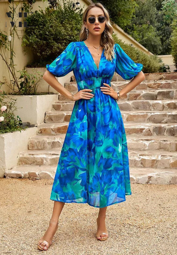 Roxanne | Elegant Floral Midi Dress with Puff Sleeves