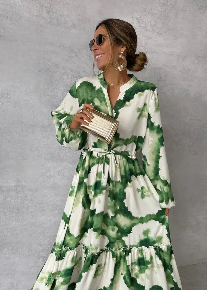 Women’s Boho Printed V Neck Ruffle Tiered Maxi Wedding Guest Dress