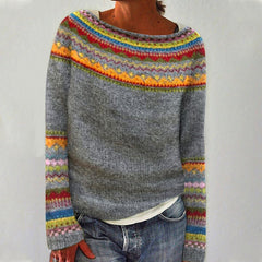 Multicolored Patterned Gray Wool Sweater for Women