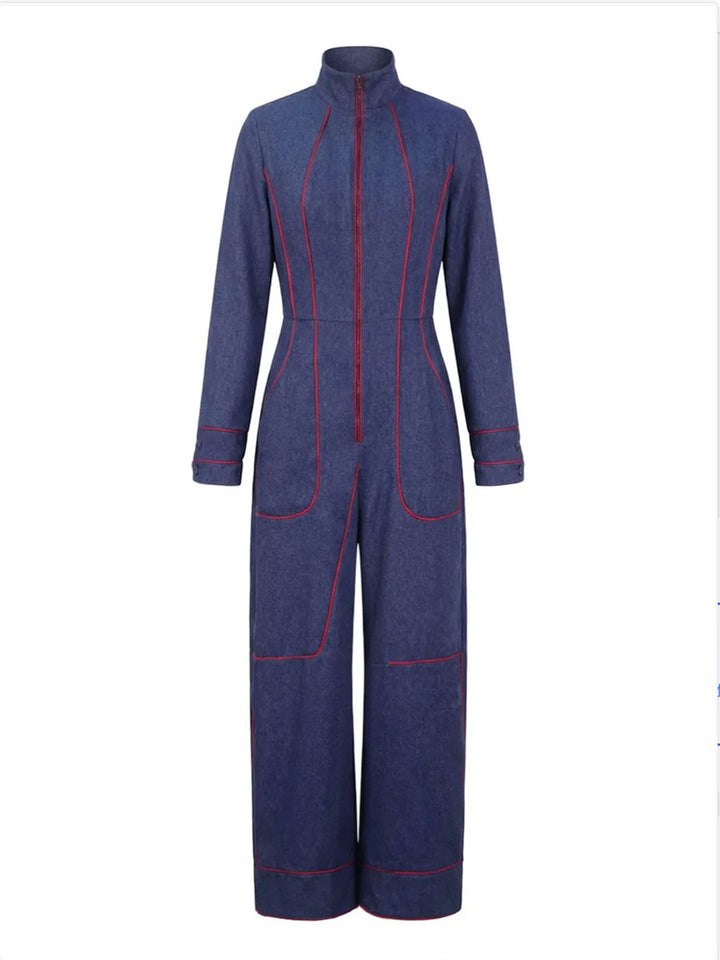 Long Sleeves Wide Leg Zipper Stand Collar Jumpsuits