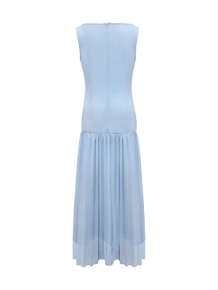 Sleeveless Gauze Pleated Solid Color Split-Joint Boat Neck Evening Dresses Maxi Dresses