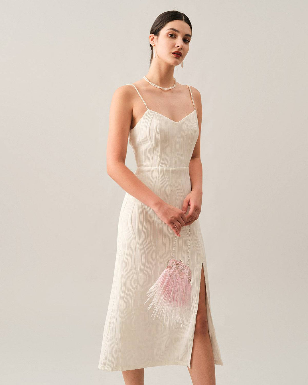 Pearl Strap Textured Midi Dress