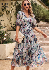 Roxanne | Elegant Floral Midi Dress with Puff Sleeves