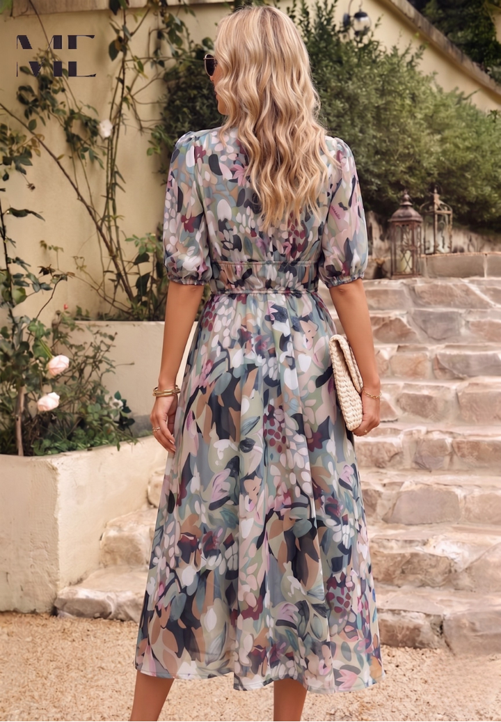 Roxanne | Elegant Floral Midi Dress with Puff Sleeves