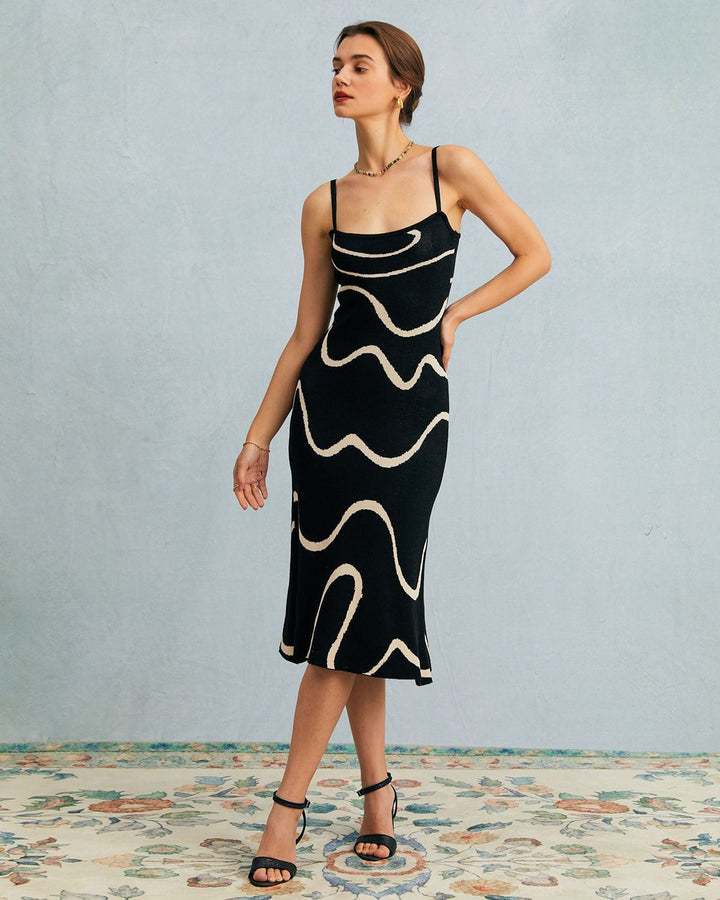 Black Textured Wave Midi Dress