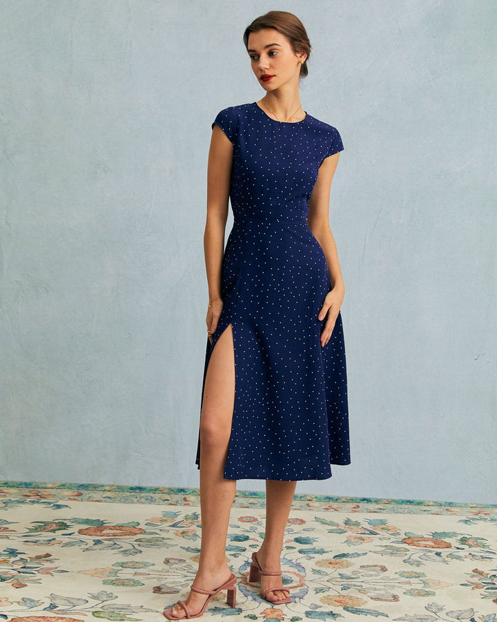 Classic Navy Polka Dot Midi Dress