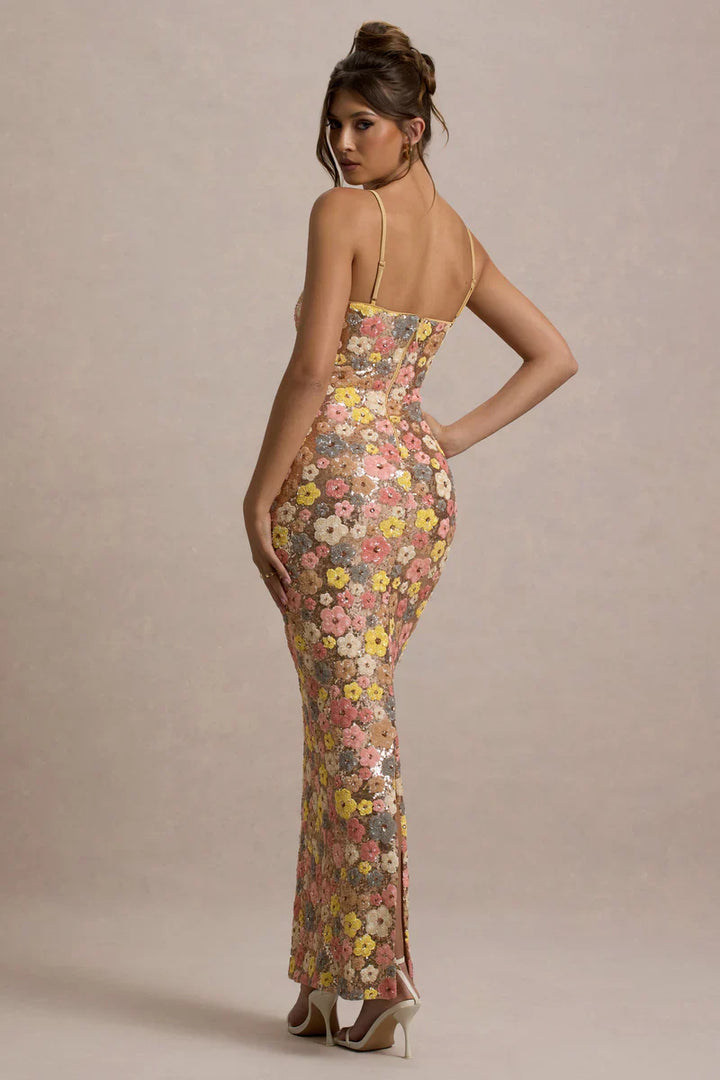 Women's Floral Spaghetti Strap Square Neck Maxi Wedding Guest Dress
