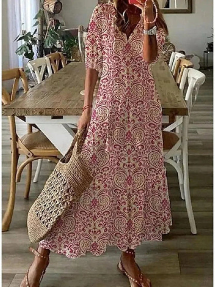 Women Boho Vintage V-Neck Dress Lightweight
