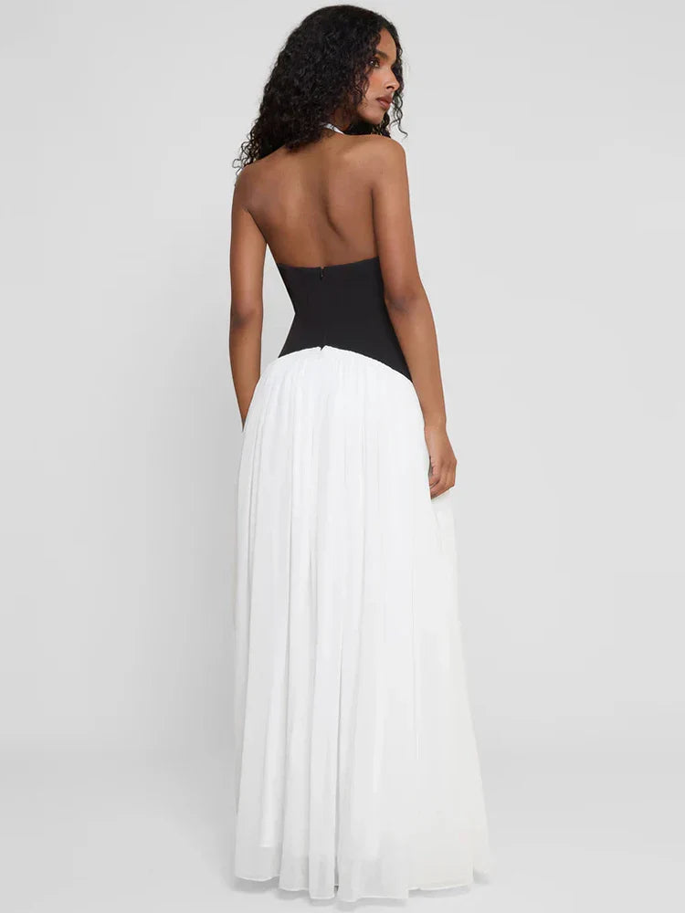 Women’s Contrast Panel Halter Maxi Wedding Guest Dress