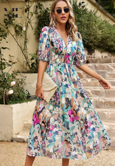 Women’s Floral Puff Sleeve Midi Wedding Guest Dress
