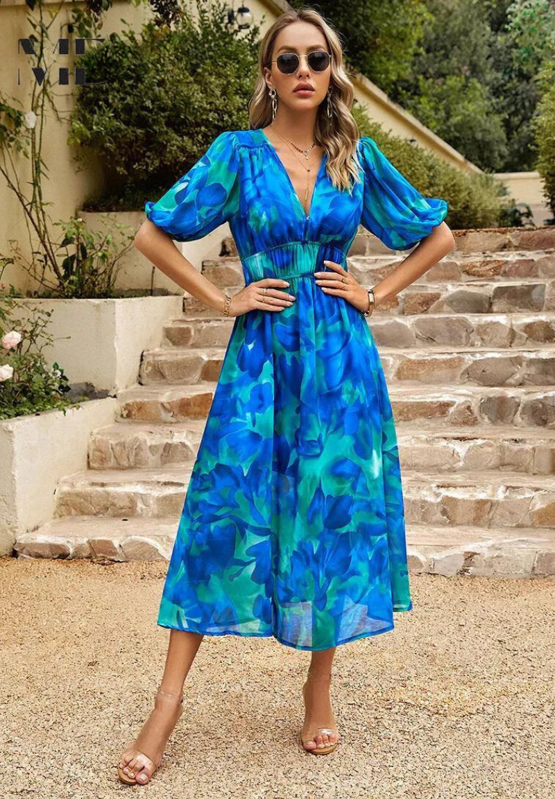 Women’s Floral Puff Sleeve Midi Wedding Guest Dress