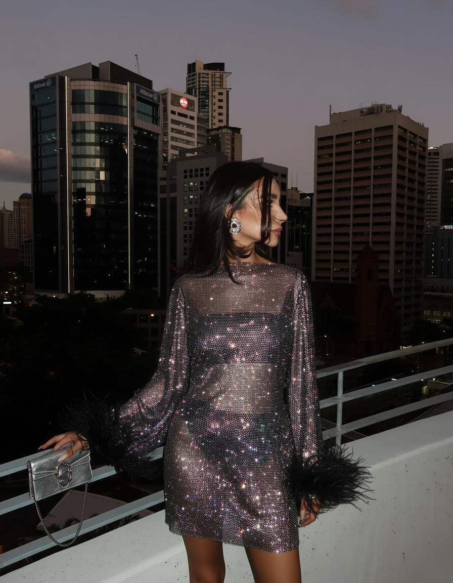 Women’s Sheer Sleeve Sequin Mini Cocktail Dress