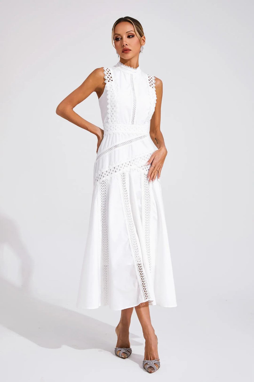 Women’s Sleeveless Lace Panel Midi Dress